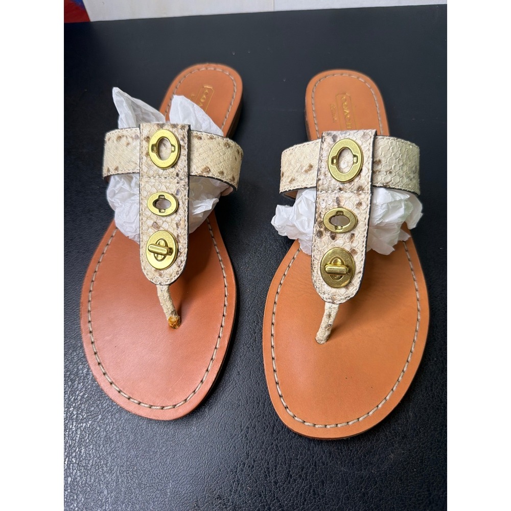 Coach Womens Beige Snakeskin Leather Thong Turnlock Flat Sandals 9 B